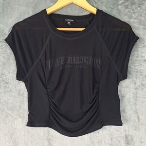 True Religion Top Medium Black Arched Logo Mesh Layered Y2K Ruched Baby Tee Crop